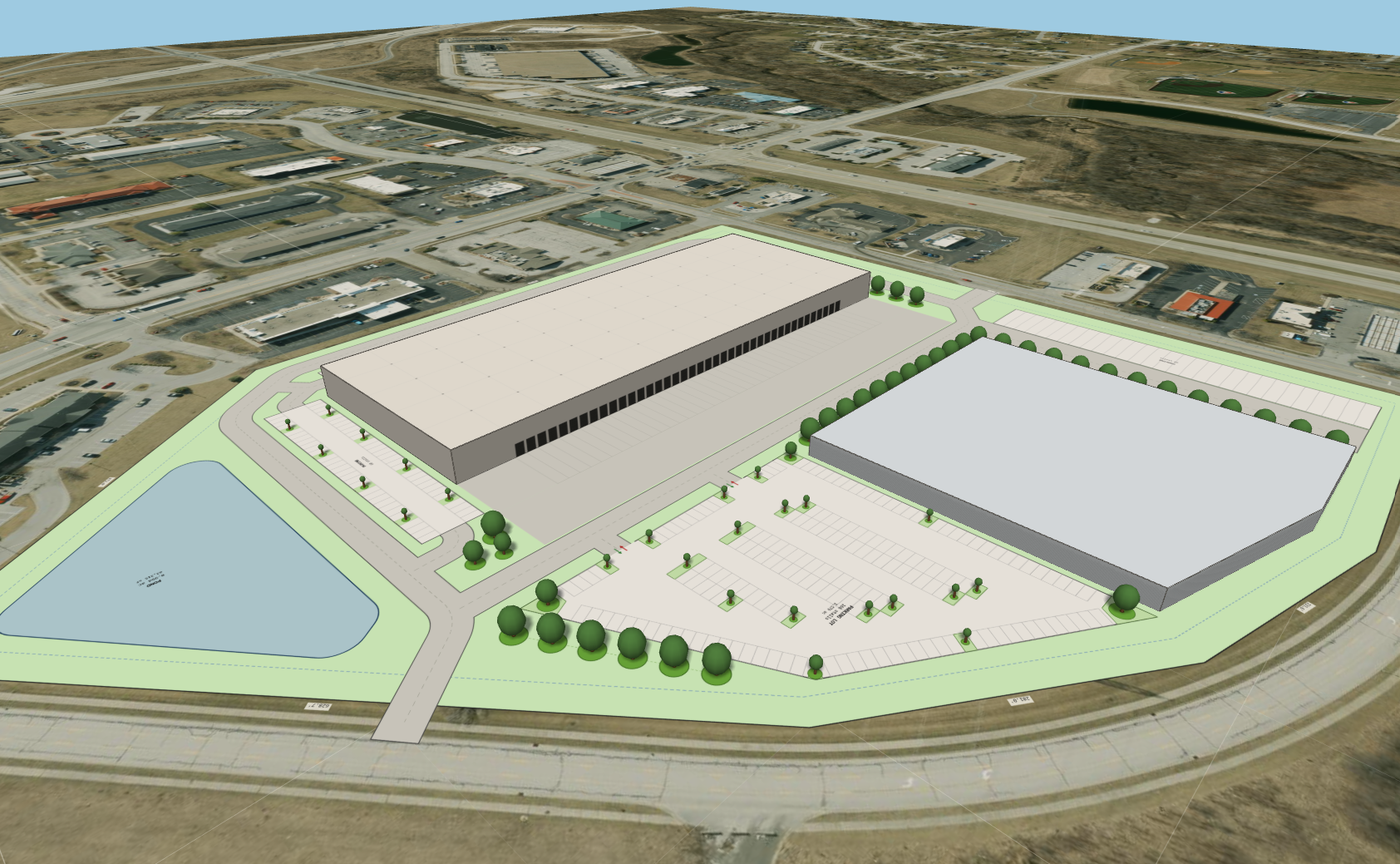 3D rendered view of an industrial park with multiple warehouse buildings, parking lots, trees, and a retention pond