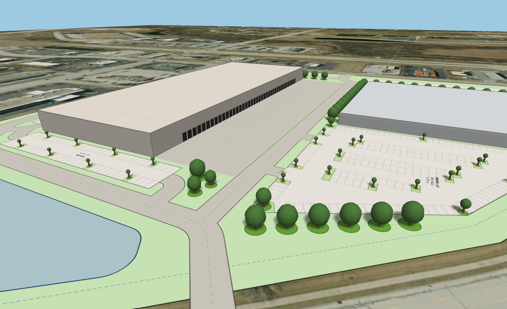 3D rendered view of a warehouse building with dock doors, a parking lot with trees, and a retention pond