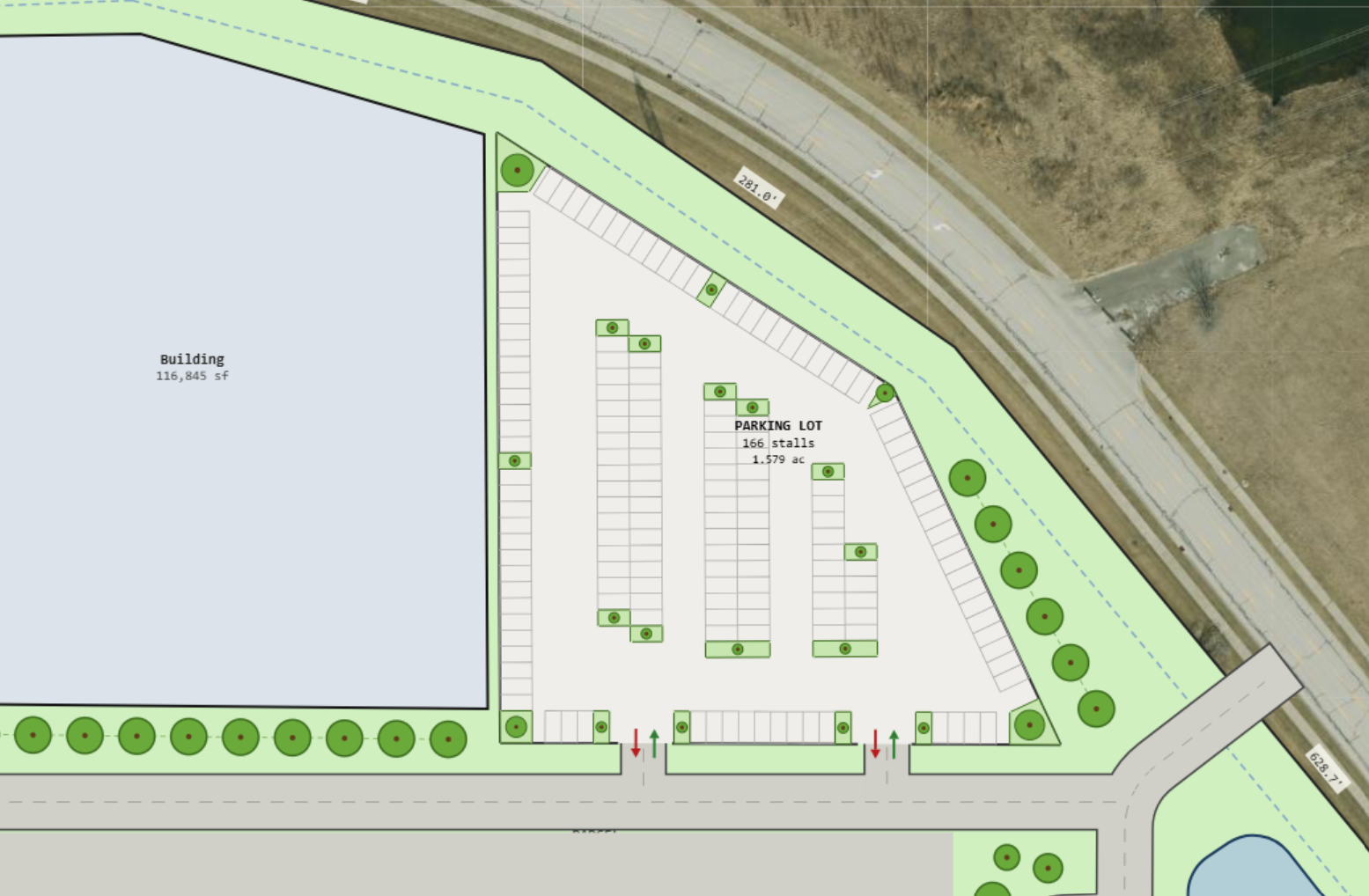 Freeform parking lot with a perimeter ring of stalls, interior islands with trees, and marked access points