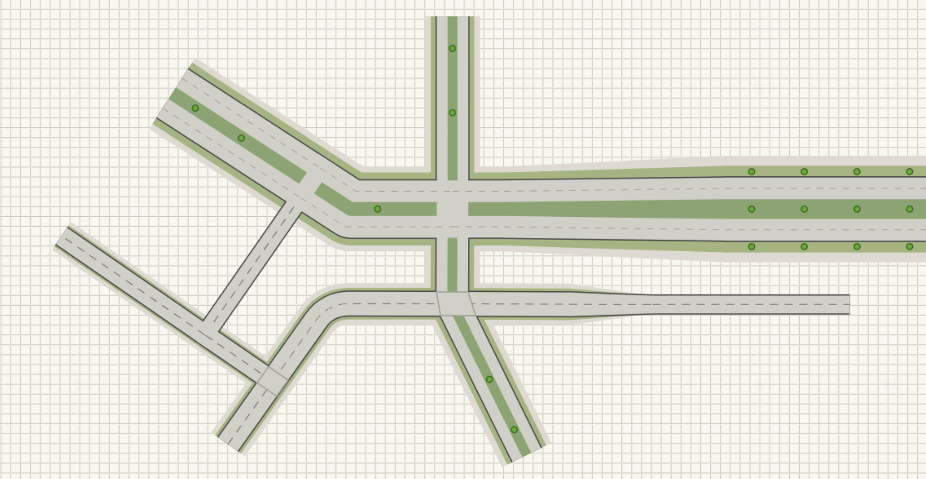 Road network showing a Y-shaped merge with a tapered width transition, a four-way crossing with a divided median, and a T-junction, each marked with an intersection marker