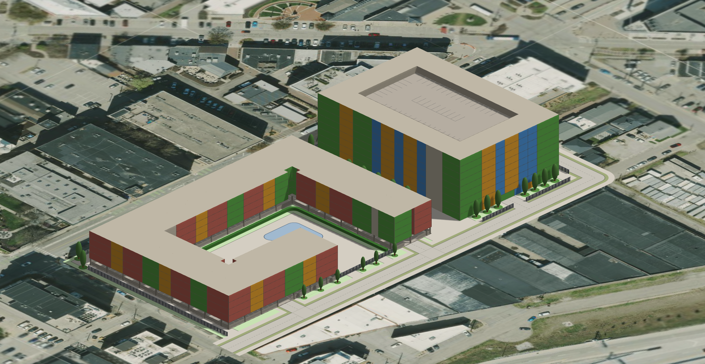Wide 3D render of a multifamily apartment community with parking, amenity spaces, and landscaping