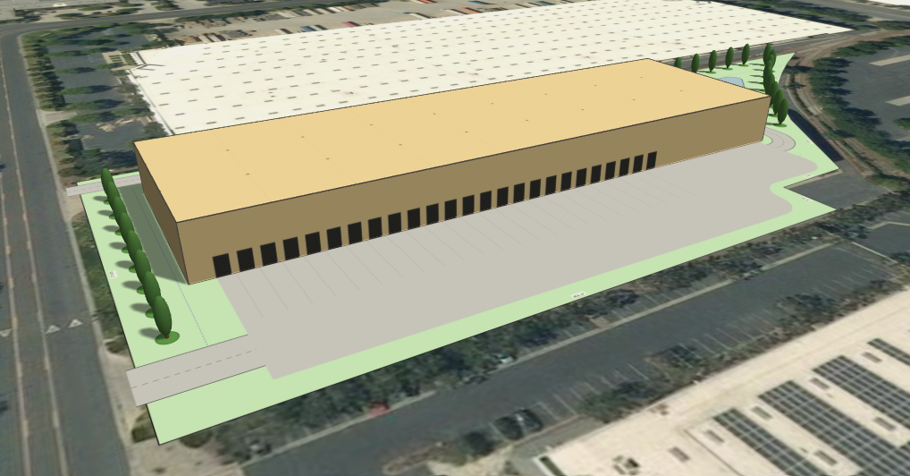 3D rendered view of an industrial building with dock doors and an irregular, offset truck court