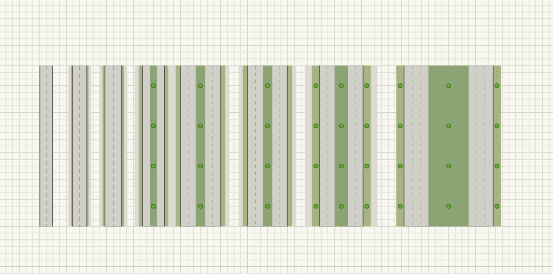 Side-by-side cross-sections of the built-in road type presets, ranging from a single-lane alley to a wide divided parkway with green medians and street trees