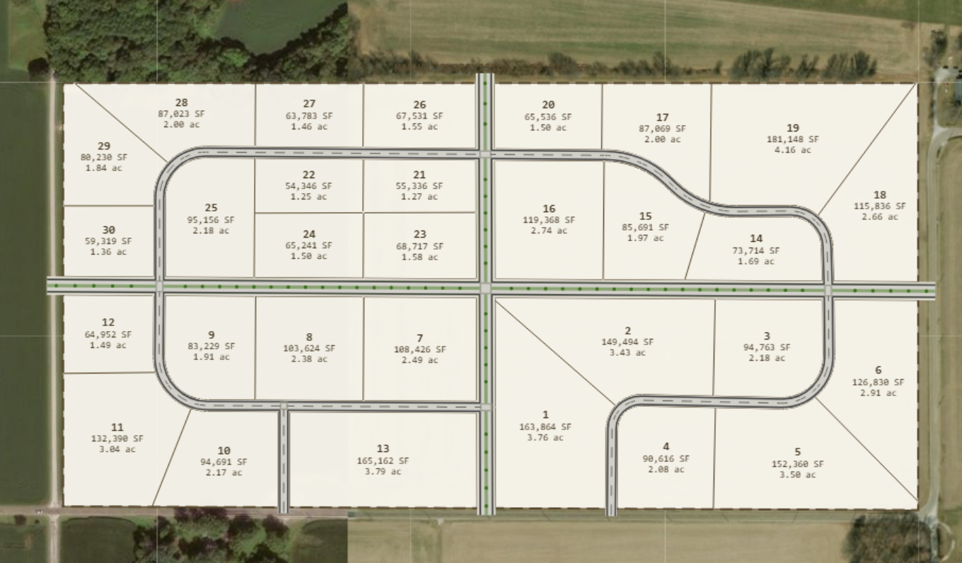 A subdivided block over satellite imagery with numbered lots fronting curved and straight roads, each labeled with its square footage and acreage