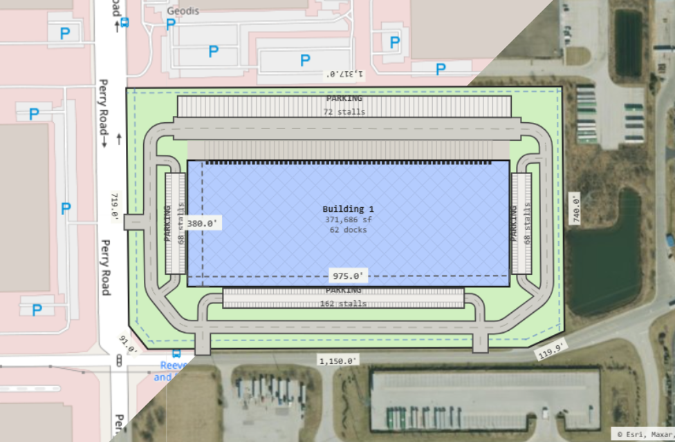 Close-up of a warehouse site showing truck courts and trailer parking on satellite imagery