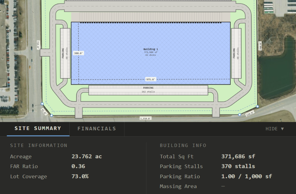 Site summary panel showing acreage, FAR, lot coverage, building SF, and parking stall count