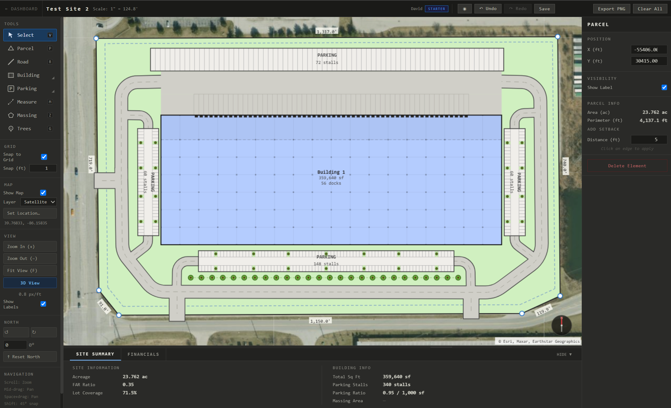 Lot Sketch site plan canvas showing an industrial site layout on satellite imagery
